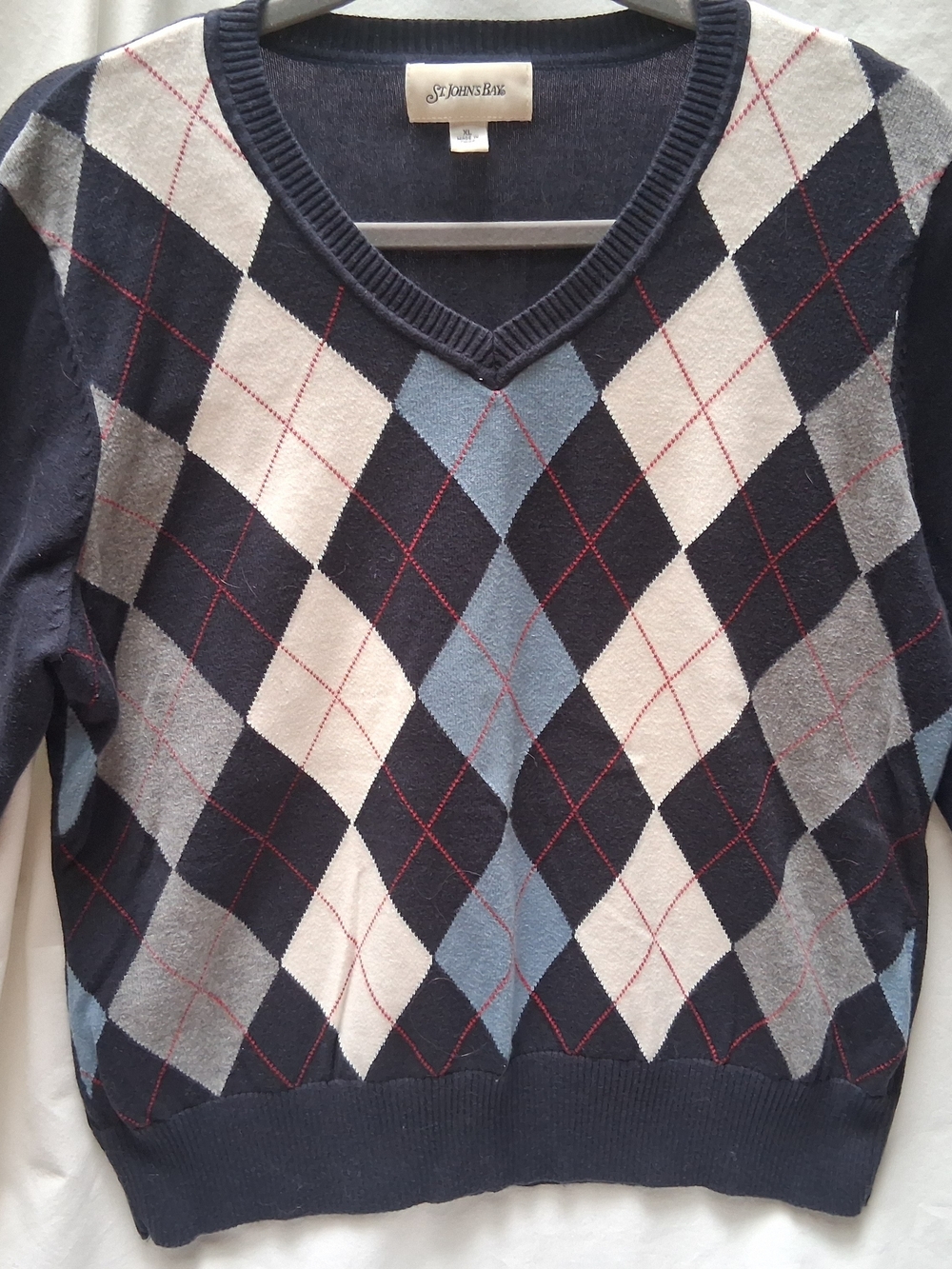 St. John's Bay Navy, Light Blue, Gray and Cream Argyle V-Neck Sweater